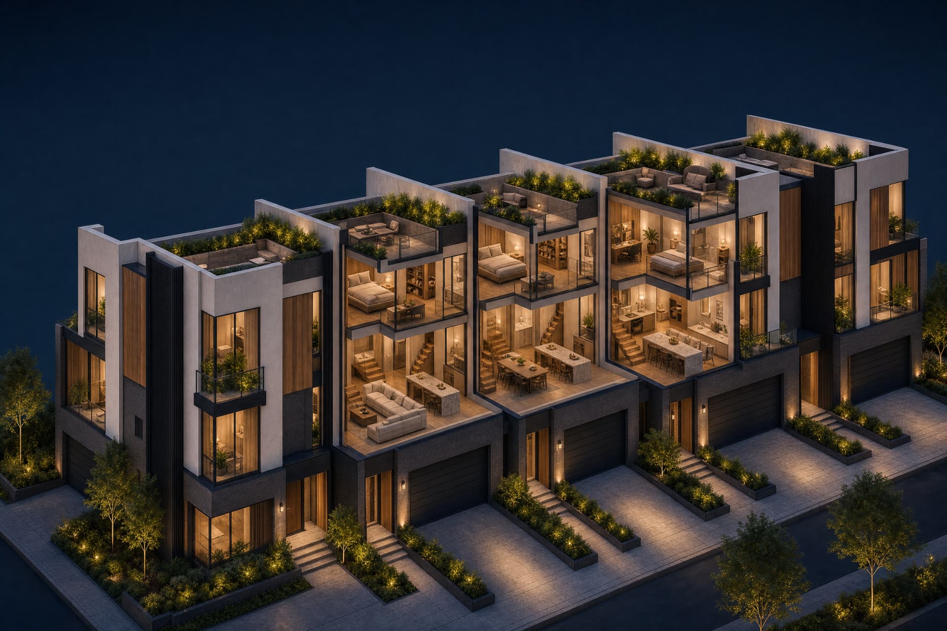 Cutaway visualisation of a contemporary premium townhouse development with furnished interiors and rooftop terraces