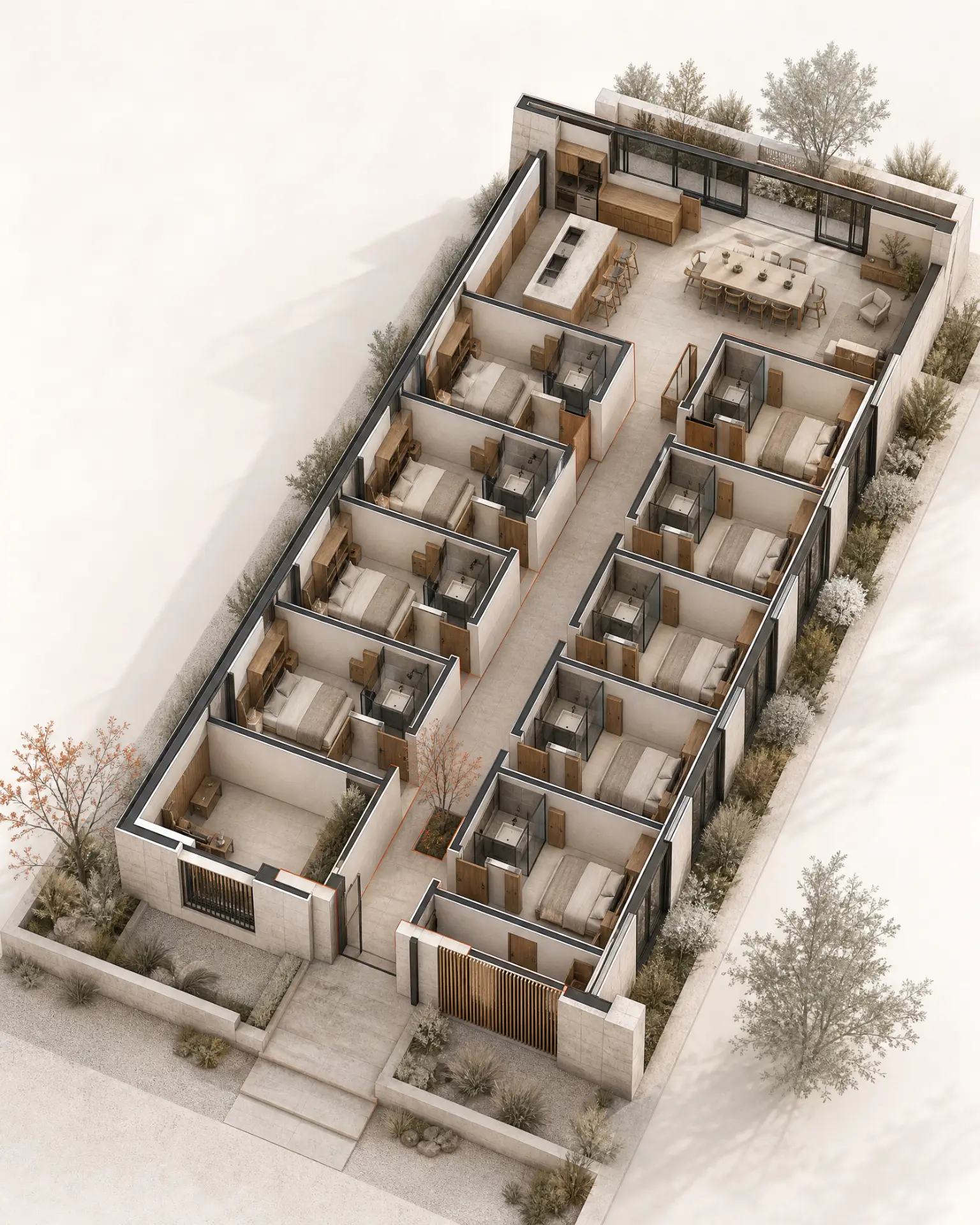 Premium co-living architectural cutaway showing private rooms, shared living spaces and landscaped terraces