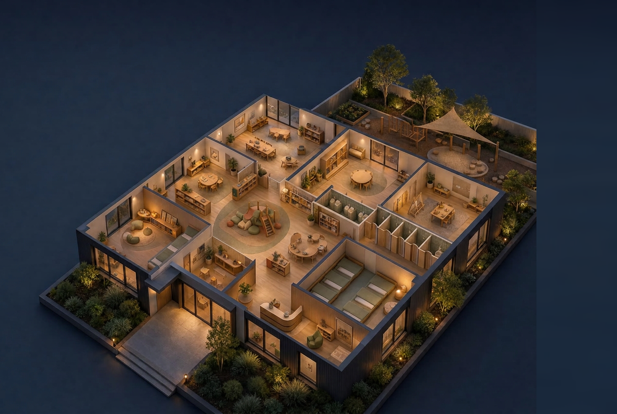 Cutaway visualisation of a purpose-built childcare and community facility with activity rooms and outdoor spaces