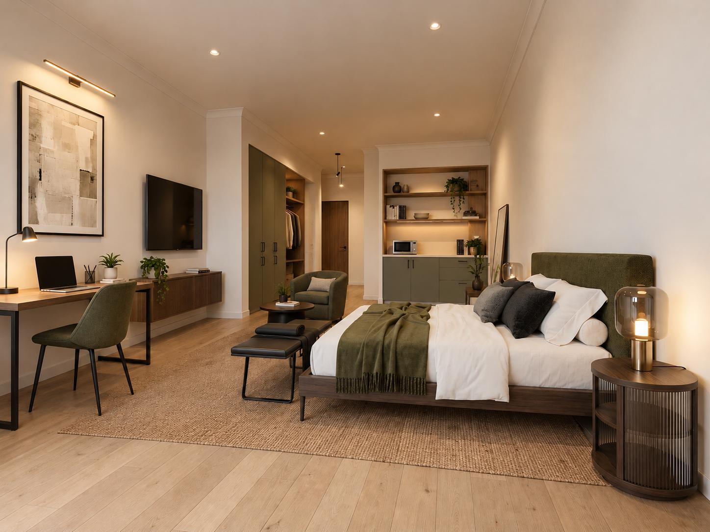 Completed co-living room at Heathmont with bed, desk, seating and kitchenette