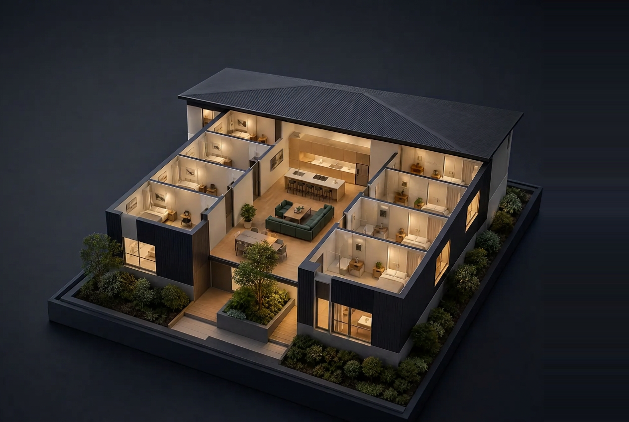 Cutaway visualisation of a premium co-living residence with private rooms, shared living spaces and landscaped terraces